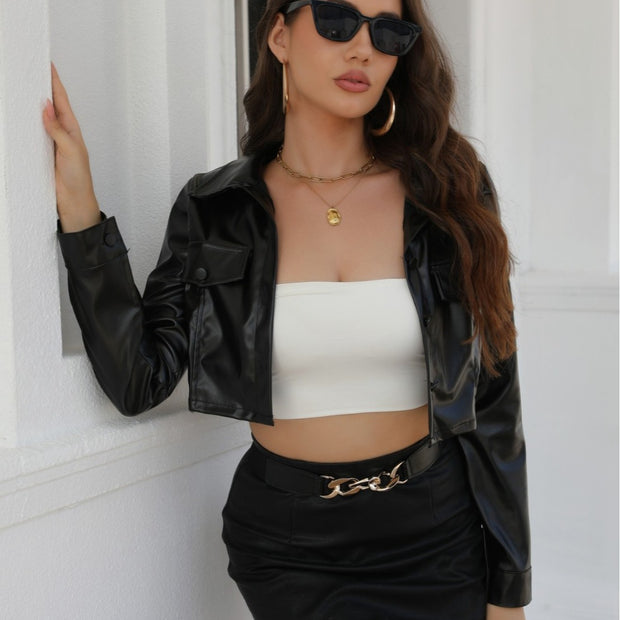 Damen cropped Kunstlederjacke mit klassischem Kragen und modischem Schnitt WW