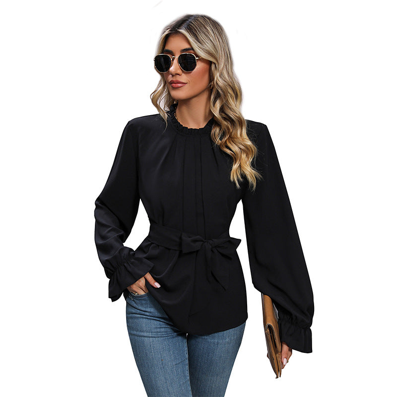 Damen Bluse mit dekorativem Wickelgürtel und voluminösen Ärmeln WW