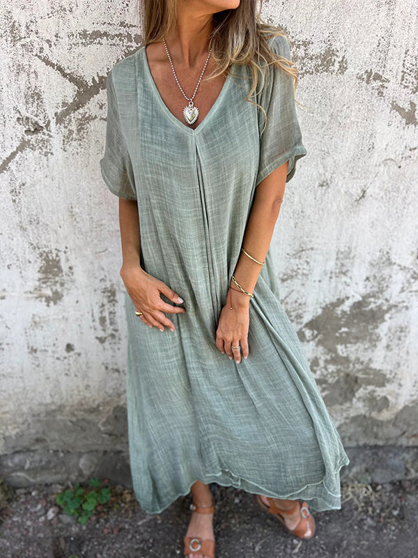 W&W Mode | Baumwolle Leinen V-Ausschnitt Kleid