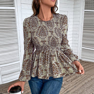 Damen Bluse mit eleganter Rüschennähten und floralem Muster WW