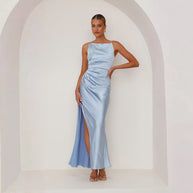 Damen Maxikleid mit elegantem Satin-Finish und hoch geschnittenem Schlitz WW