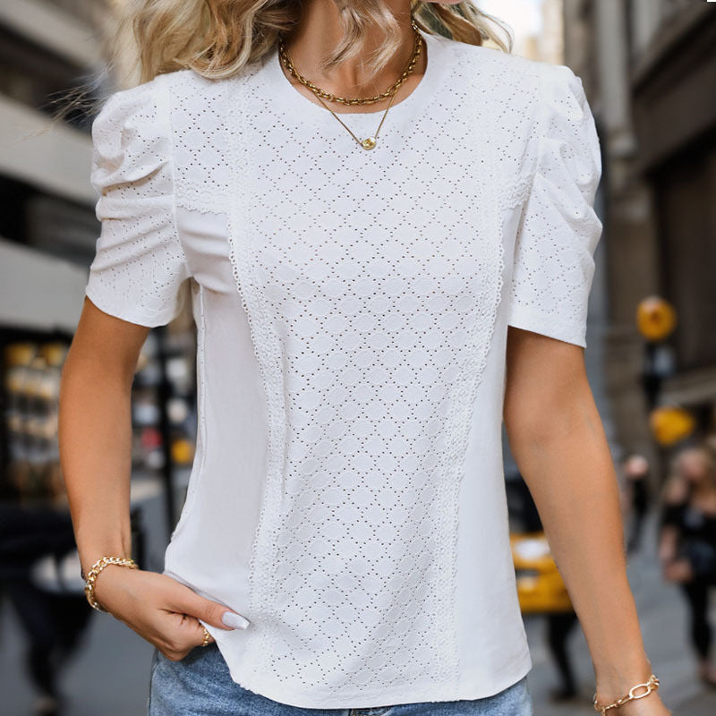 Damen elegante Bluse mit Spitzendetails und Puffärmeln WW