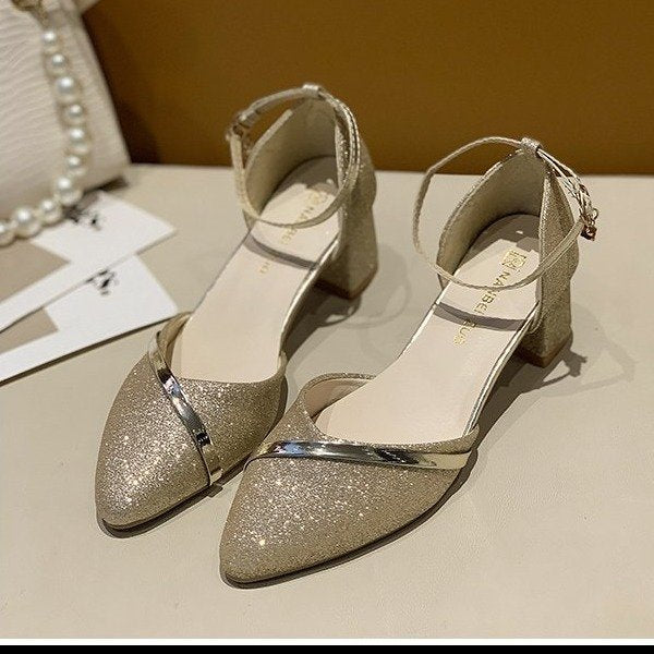 Damen elegante Schlupf-Pumps mit transparentem Riemchen und modischem Glitter W&W Mode