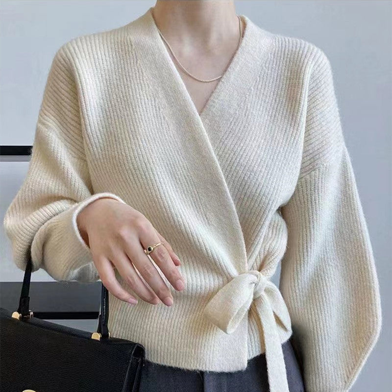 Damen Wickeljacke mit breiten Ärmeln und Taillenknoten WW
