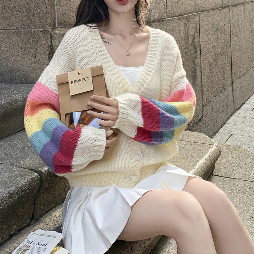 Damen Strickjacke mit bunten Armabschlüssen WW