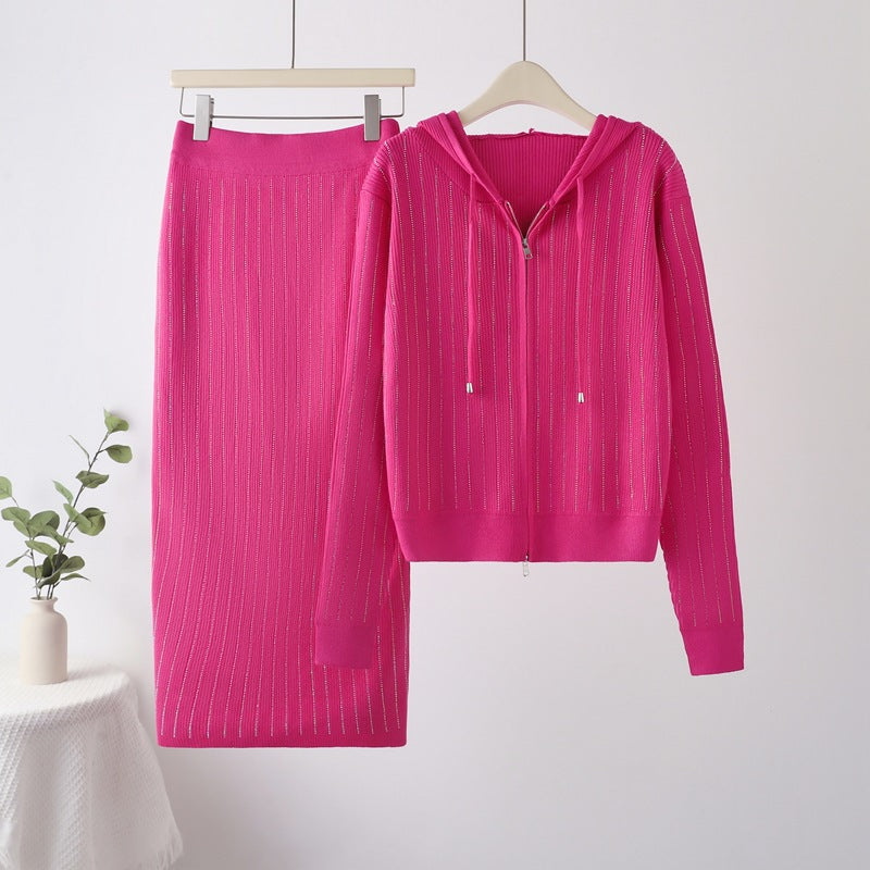 Damen Strick-Set mit Kapuze und schmalem Rock WW