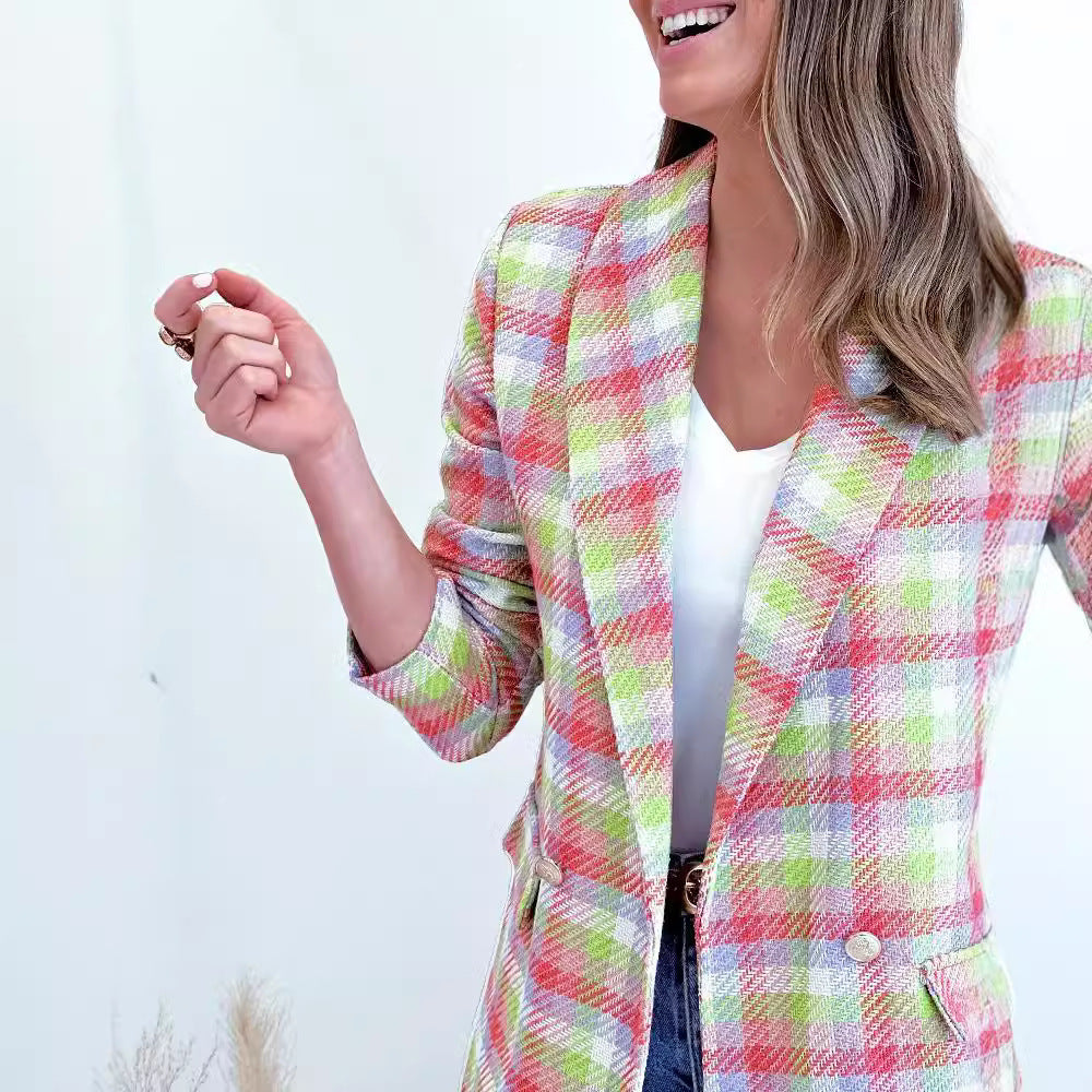 Damen Stilvoller Karoblazer mit doppelt geknöpften Taschen WW
