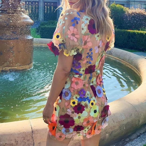 WW | 3D-Blumen-Bodycon-Laternenärmel-besticktes Kleid