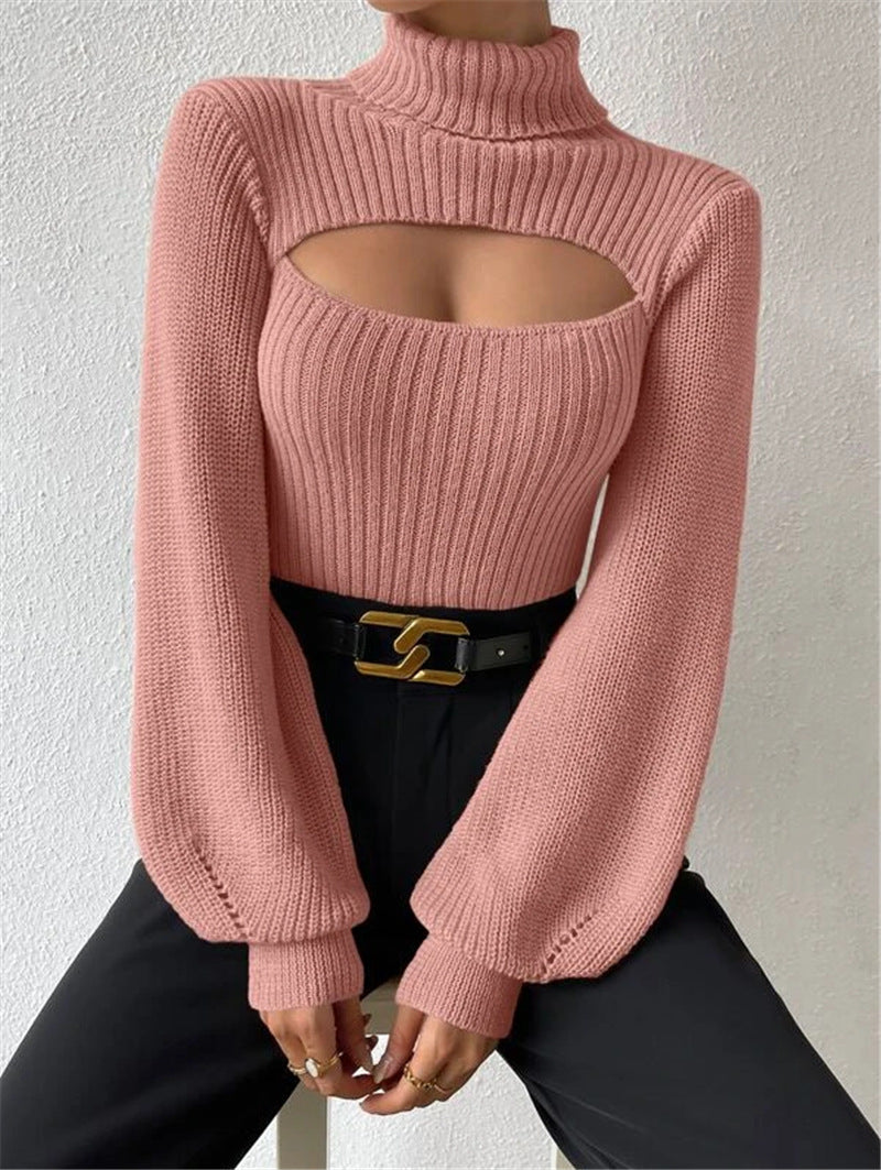 Damen Strickpullover mit Trendigem Cut-Out und Hohem Kragen WW