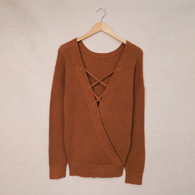 Damen lässiger Strickpullover mit offenem Rückendesign WW