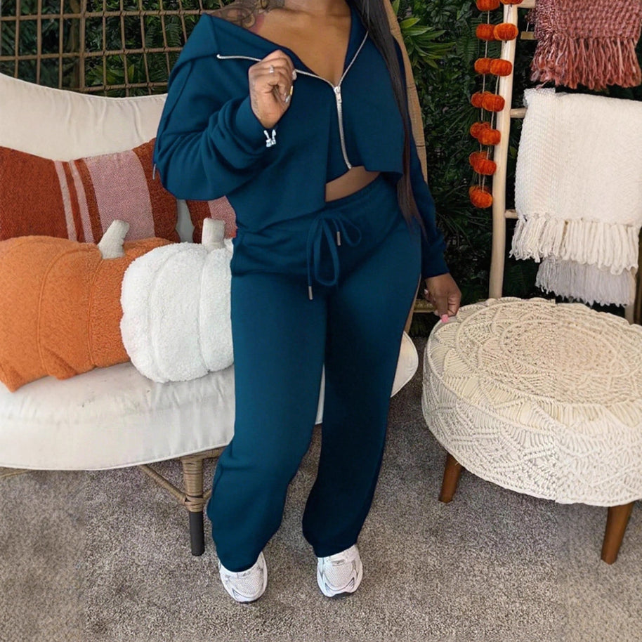 Damen sportliches Set mit cropped Oberteil und weiten Hosen WW