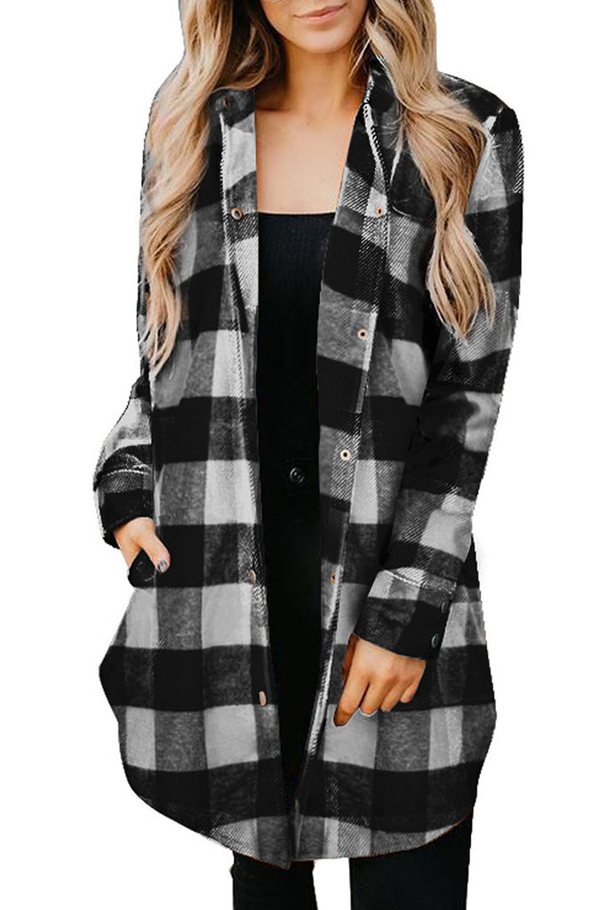 Damen lässige Longbluse im Karo-Design mit Knopfleiste WW