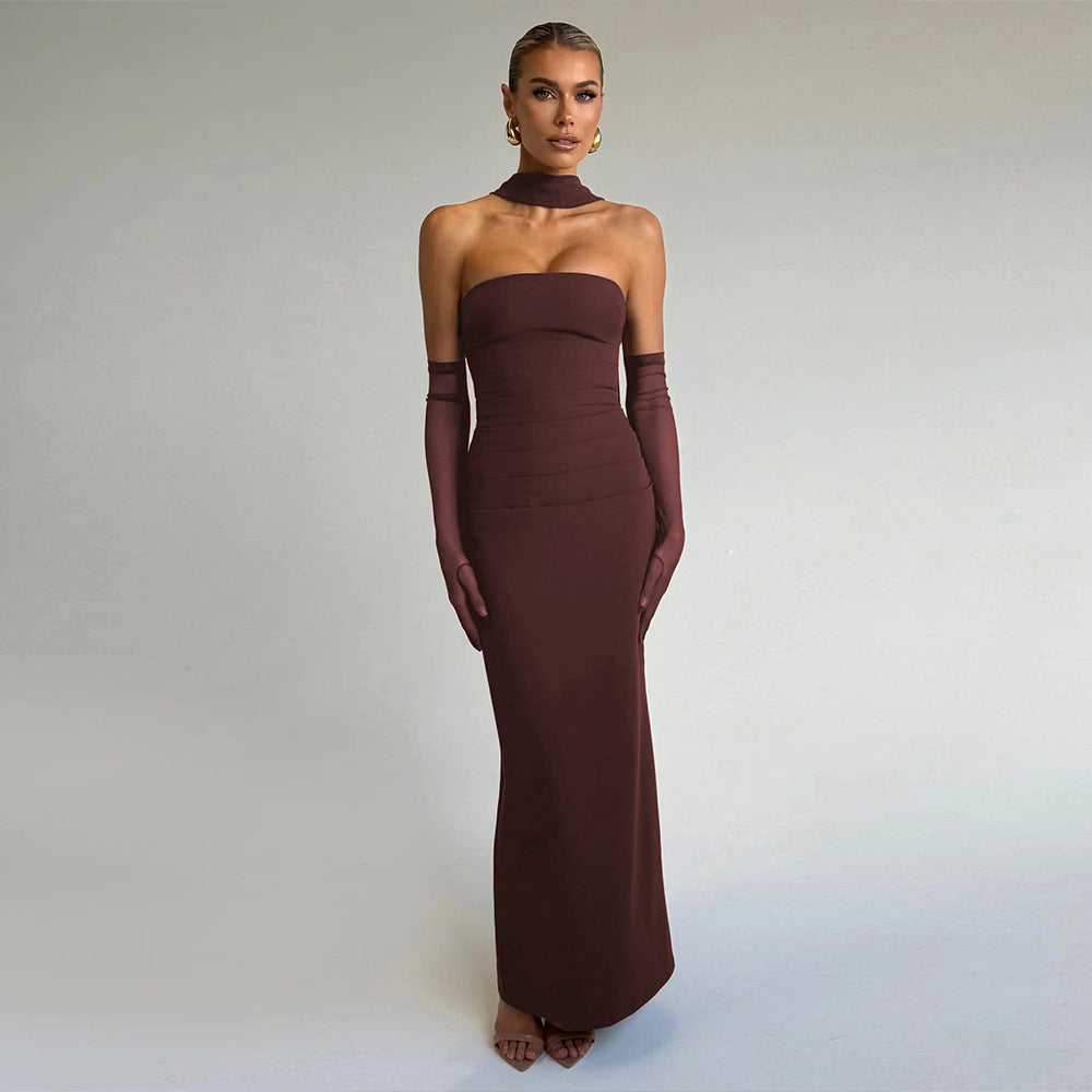 Damen Elegantes und figurbetontes Maxikleid mit transparenten Ärmeln W&W Mode
