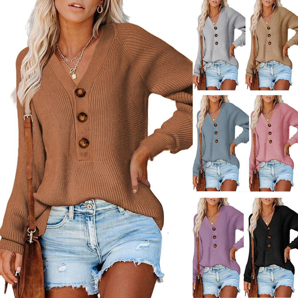 Damen Strickpullover mit V-Ausschnitt und Knopfdetails WW