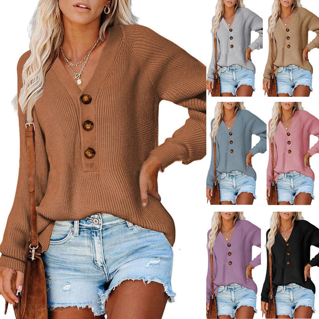 Damen Strickpullover mit V-Ausschnitt und Knopfdetails WW