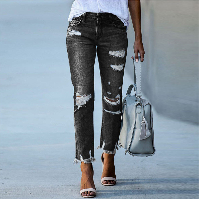 Damen Ripped High-Waist Jeans mit fransigem Saum und modischen Destroyed-Details WW