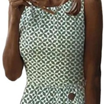 W&W Mode | Ärmelloses bedrucktes grünes Knopf-Casual-Kleid