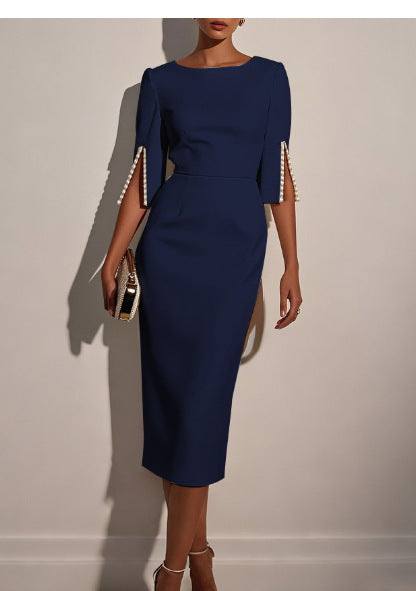 Damen elegantes Hochzeitskleid mit langen Ärmeln und Perlenverzierungen WW