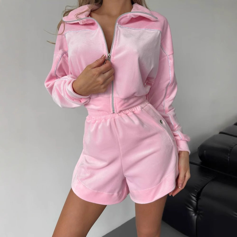 Damen sportliches Velours-Crop-Top und Shorts Set WW