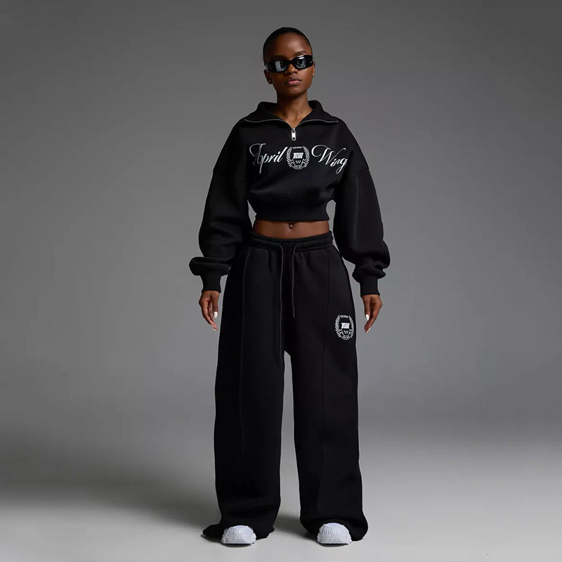 Damen Sportliches Cropped Sweatshirt und lässige Freizeithose Set WW