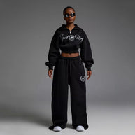 Damen Sportliches Cropped Sweatshirt und lässige Freizeithose Set WW