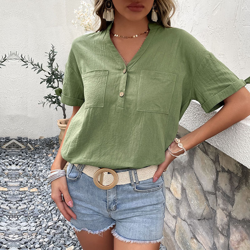 Damen Bluse mit knopfseitlichen Details und lässigem V-Ausschnitt WW
