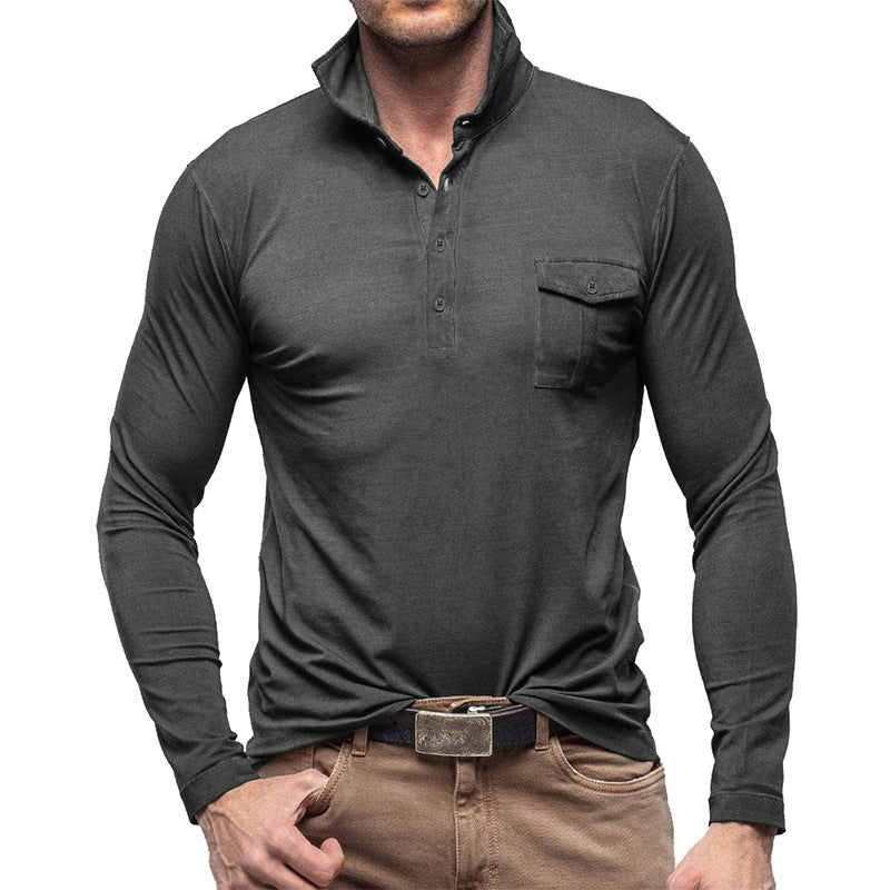 WW | Henley Pique Shirt Lange Ärmel Moderner Kragen Brusttasche Normale Passform