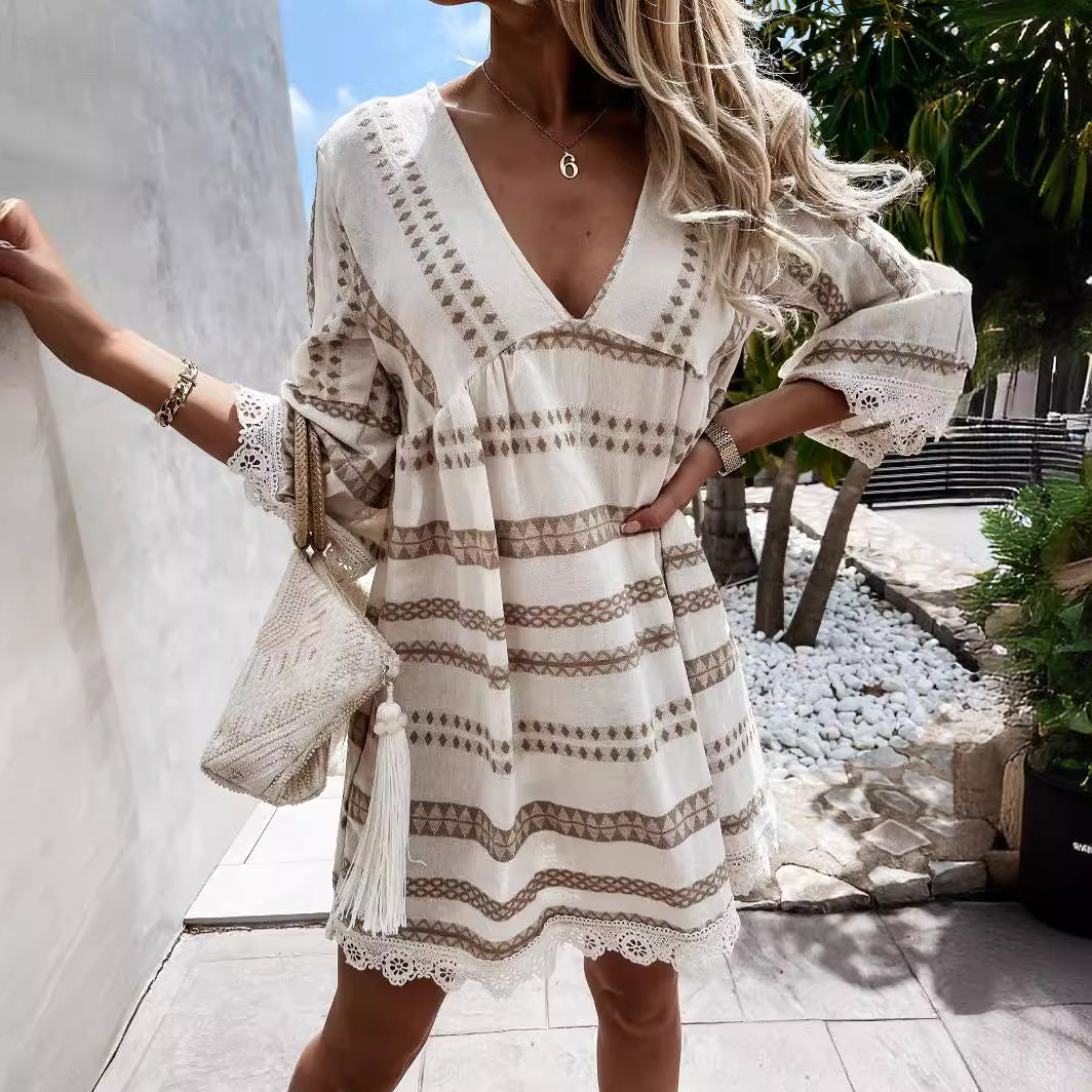 Damen lockeres Boho-Kleid mit Spitze und grafischem Muster WW