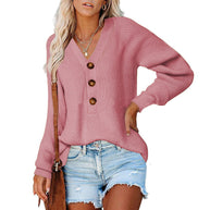 Damen Strickpullover mit tiefem V-Ausschnitt und großen Holzknöpfen WW