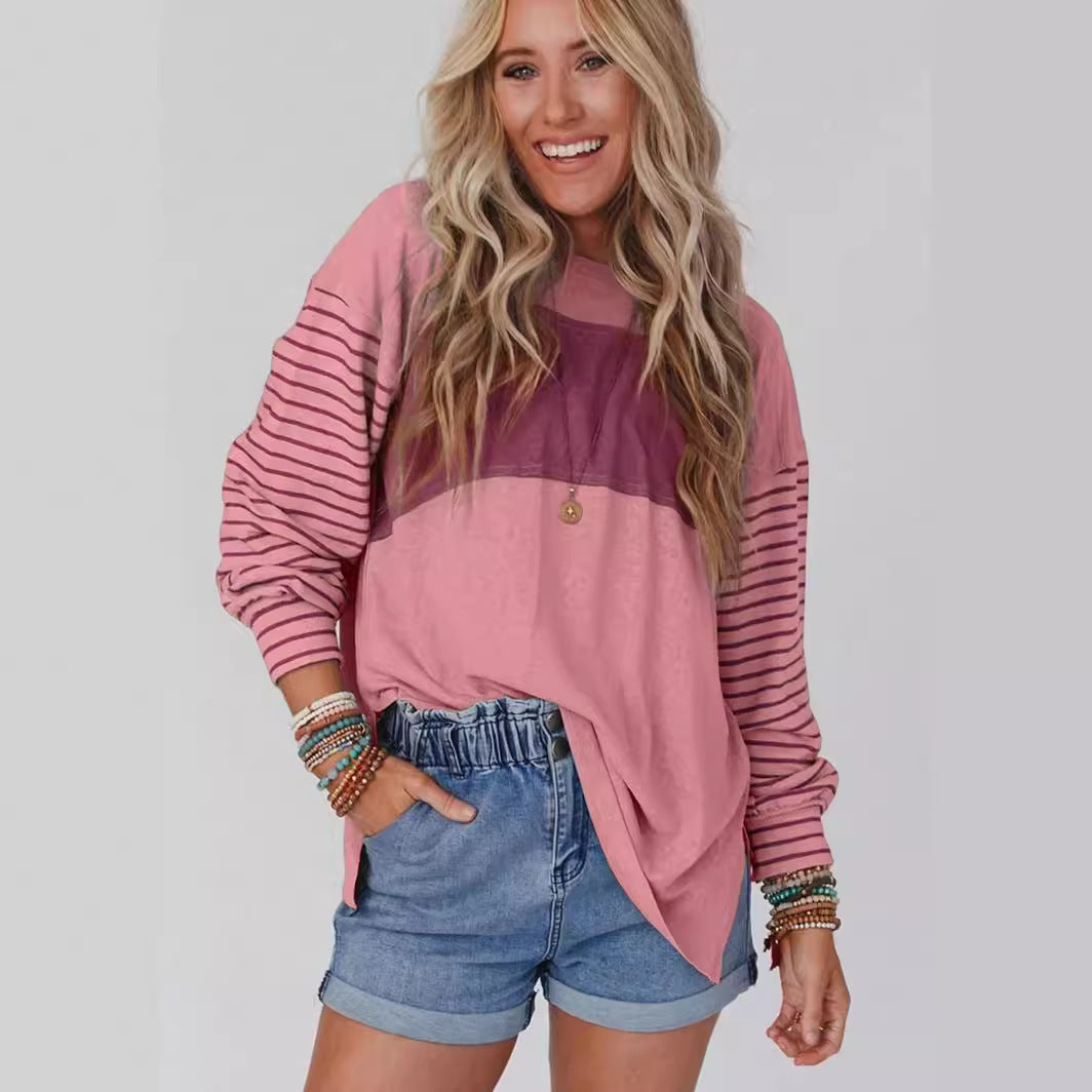 Damen lässiger Sweatshirt mit gestreiften Ärmeln WW