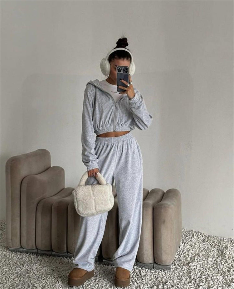 Damen sportliches Velours-Jogginganzug-Set mit lässigem Schnitt und praktischen Taschen WW