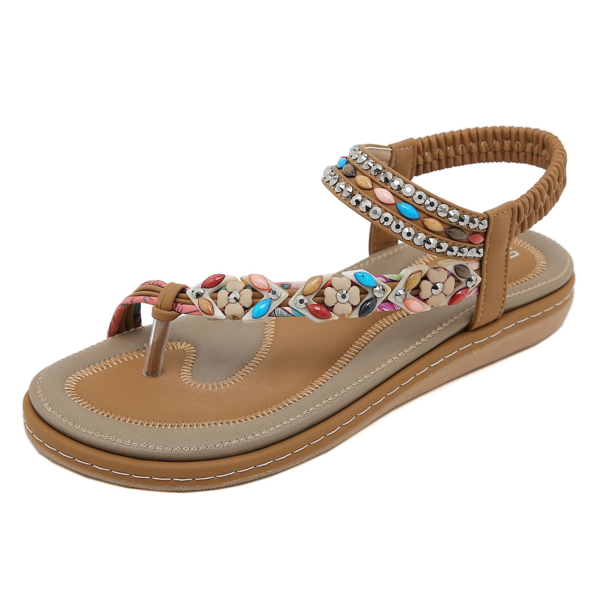 Damen Sandalen im Boho-Stil mit funkelnden Perlenverzierungen und bequemem Fußbett WW