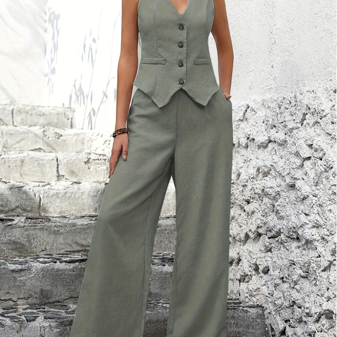 Damen Hosenanzug mit taillierter Weste und weiten Beinen WW