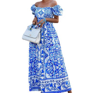 Damen Maxikleid mit schulterfreiem Design und elegantem floralen Muster WW