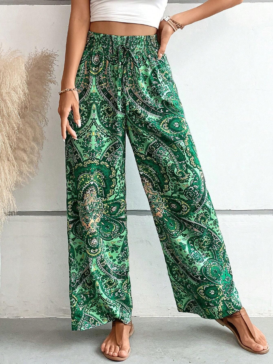 Damen weite Palazzo-Hose mit elastischem Bund und elegantem Paisleymuster WW