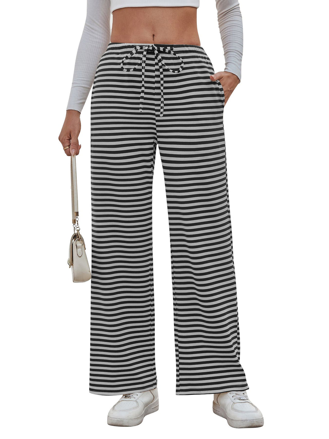 Damen weite Streifenhose mit elastischem Bund und Kordelzug W&W Mode