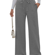 Damen weite Streifenhose mit elastischem Bund und Kordelzug WW