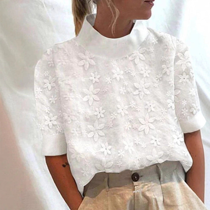 Damen nan leichte bestickte Bluse mit Stehkragen und dreidimensionaler Blütenapplikation W&W Mode