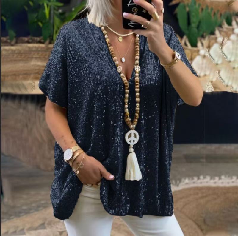 Damen Funkelndes Oberteil mit elegantem V-Ausschnitt und leichtem Schnitt W&W Mode