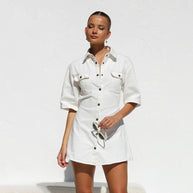 WW | Taschen Taille Gerafftes Hemd Jeanskleid