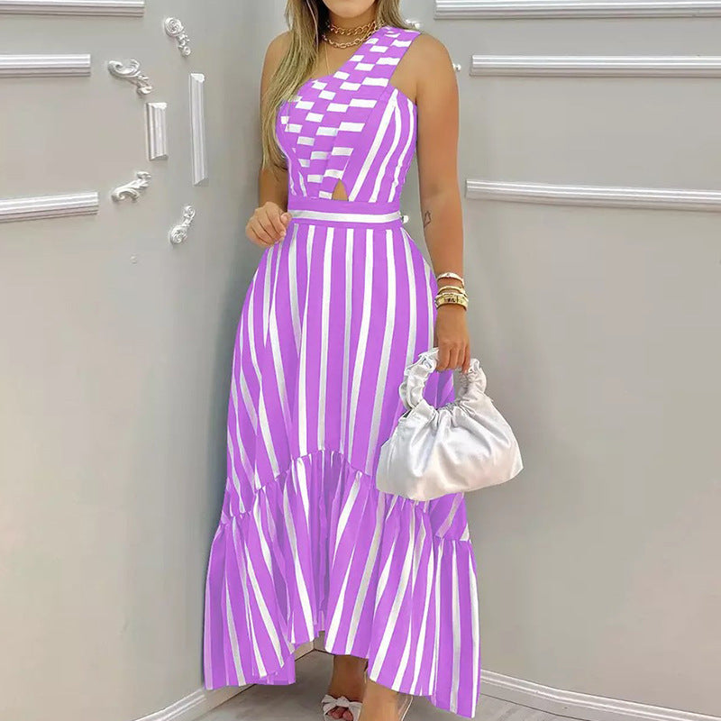 Damen Maxikleid mit asymmetrischem Saum und verspieltem Streifenmuster W&W Mode