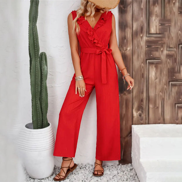 Damen eleganter Jumpsuit mit Rüschendetails und Taillengürtel W&W