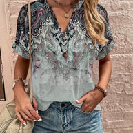Damen Kurzarm Bluse mit dekorativem Musterdruck und knöpfbarem Ausschnitt WW