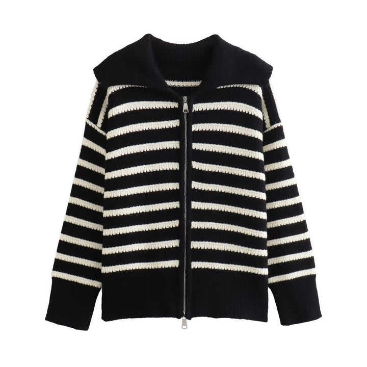 Damen gestreifte Strickjacke mit modernem Reißverschluss W&W Mode
