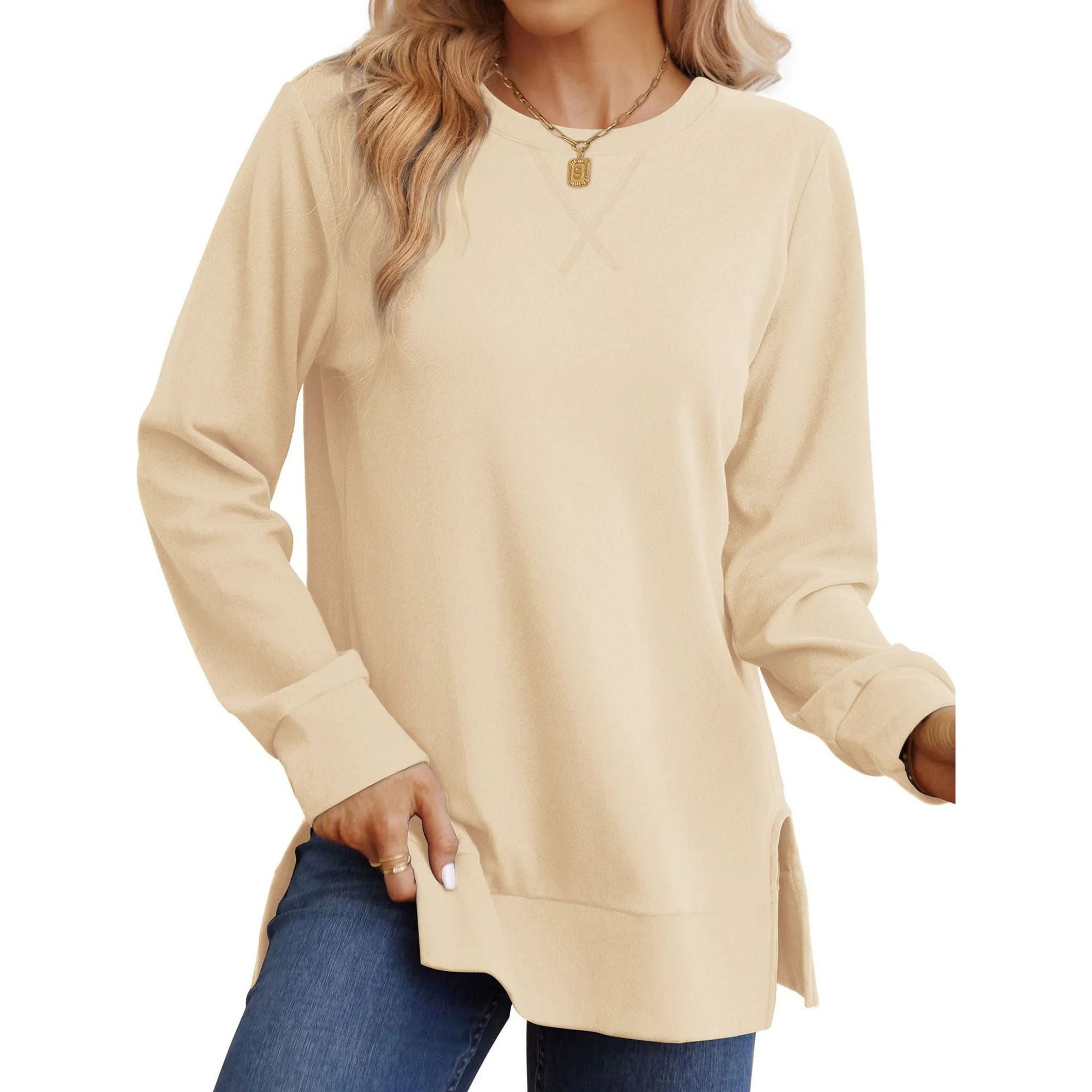 Damen Bequemer Langarm-Sweater mit Seitenschlitzen WW