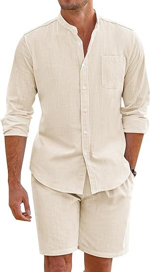 Herren Leichte und atmungsaktive Leinenhemden mit kurzer Hose WW