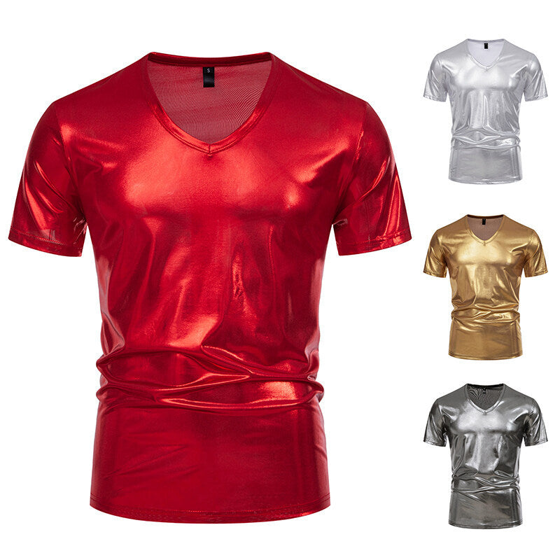 Herren Glänzendes Metallisches V-Ausschnitt T-Shirt WW