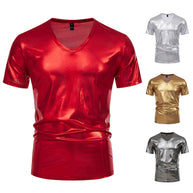Herren Glänzendes Metallisches V-Ausschnitt T-Shirt WW
