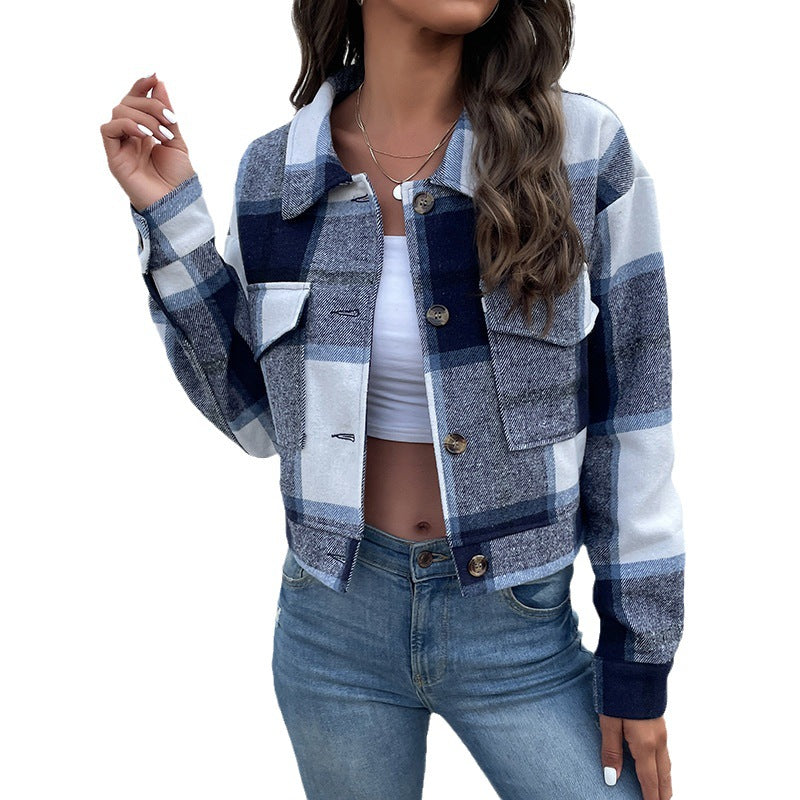 Damen cropped Karo-Jacke mit praktischen Taschen und modischen Details W&W Mode