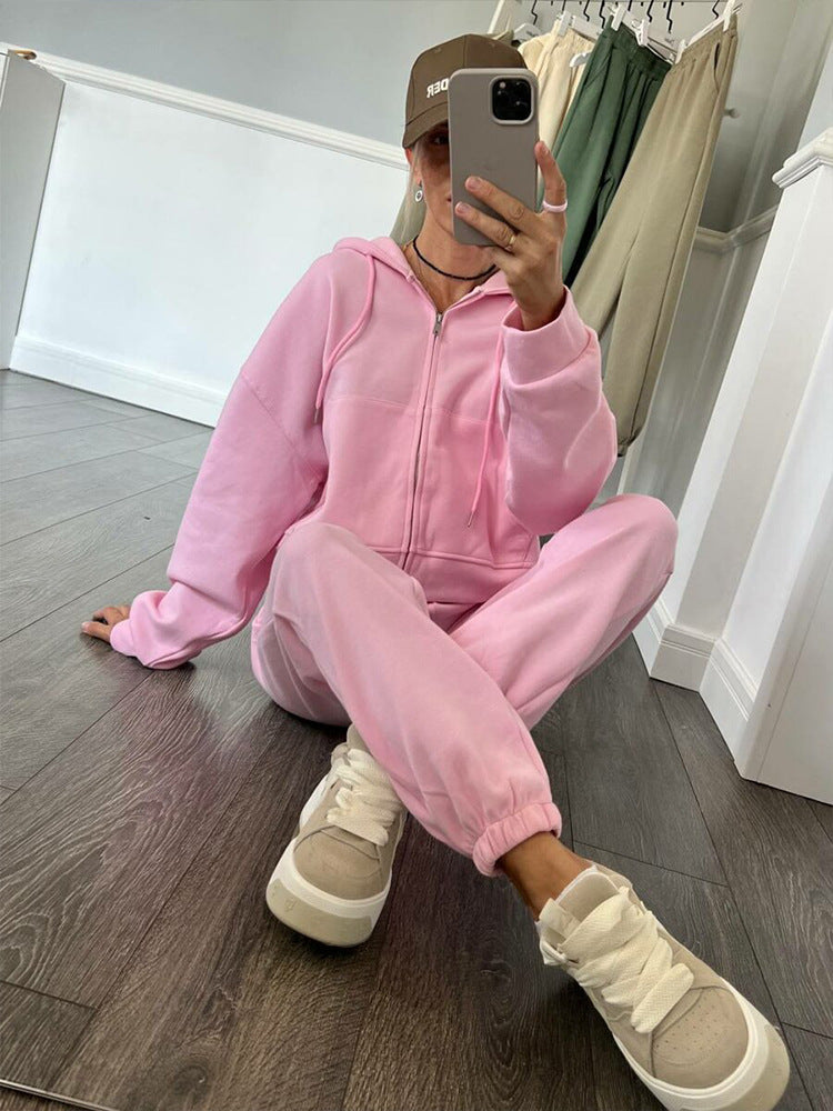 Damen sportliches Fleece-Jogginganzug mit praktischer Kapuze und Kordelzug WW